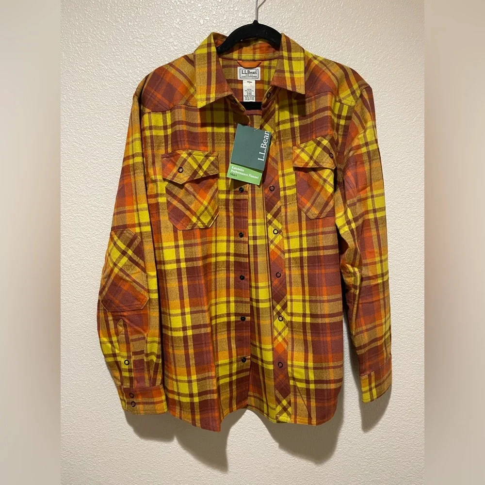 L.L.Bean Yellow and Orange Plaid Button-down Flannel Shirt Medium - Picture 3 of 6